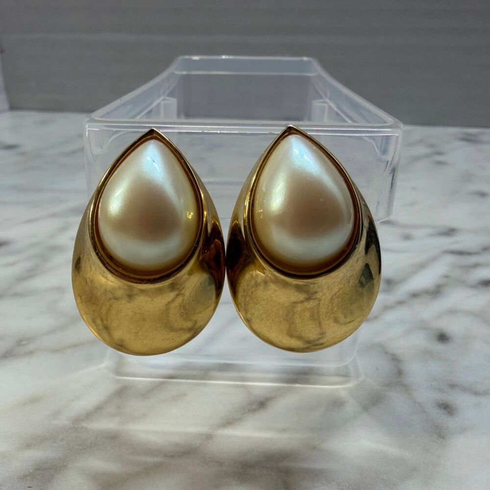 Richelieu Signed Gold-Tone Faux Pearl Teardrop Clip Earrings